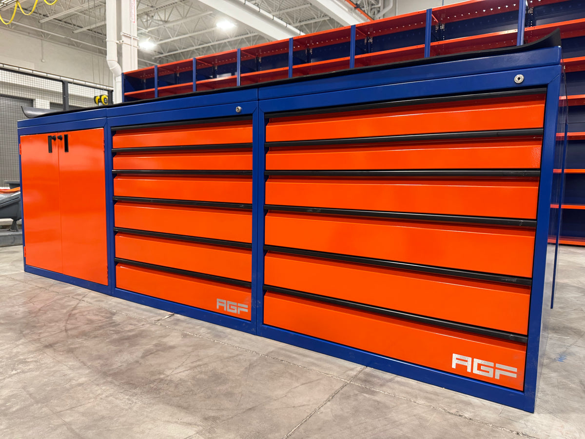 Heavy-duty drawer cabinets used in an industrial tool storage area