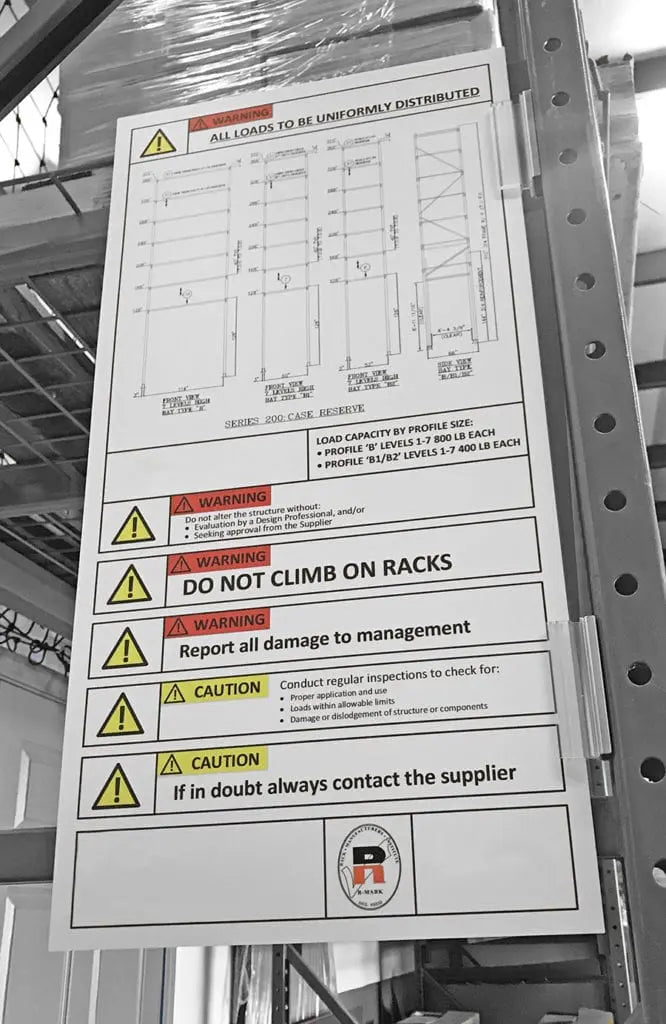 Rack capacity placard with loading diagram and safety instructions