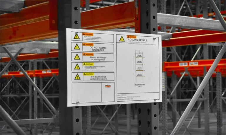 Rack load capacity sign mounted on a pallet rack upright