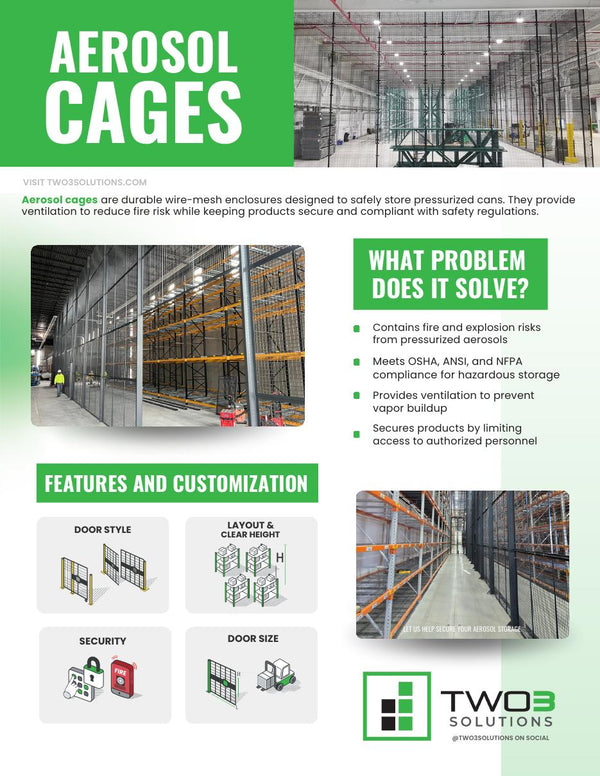 Cover of the Two3 Solutions aerosol cage planning guide showing secure wire-mesh storage enclosures