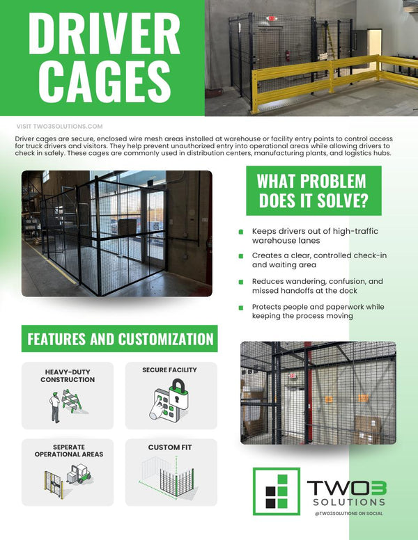 Cover of the Two3 Solutions driver cage planning guide showing secure warehouse entry enclosures