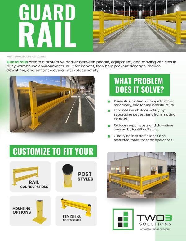 Cover of the Two3 Solutions warehouse guard rail planning guide showing protective safety barriers