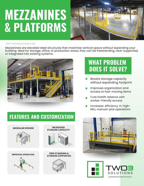 Cover of the Two3 Solutions mezzanine and platform planning guide showing an elevated warehouse structure