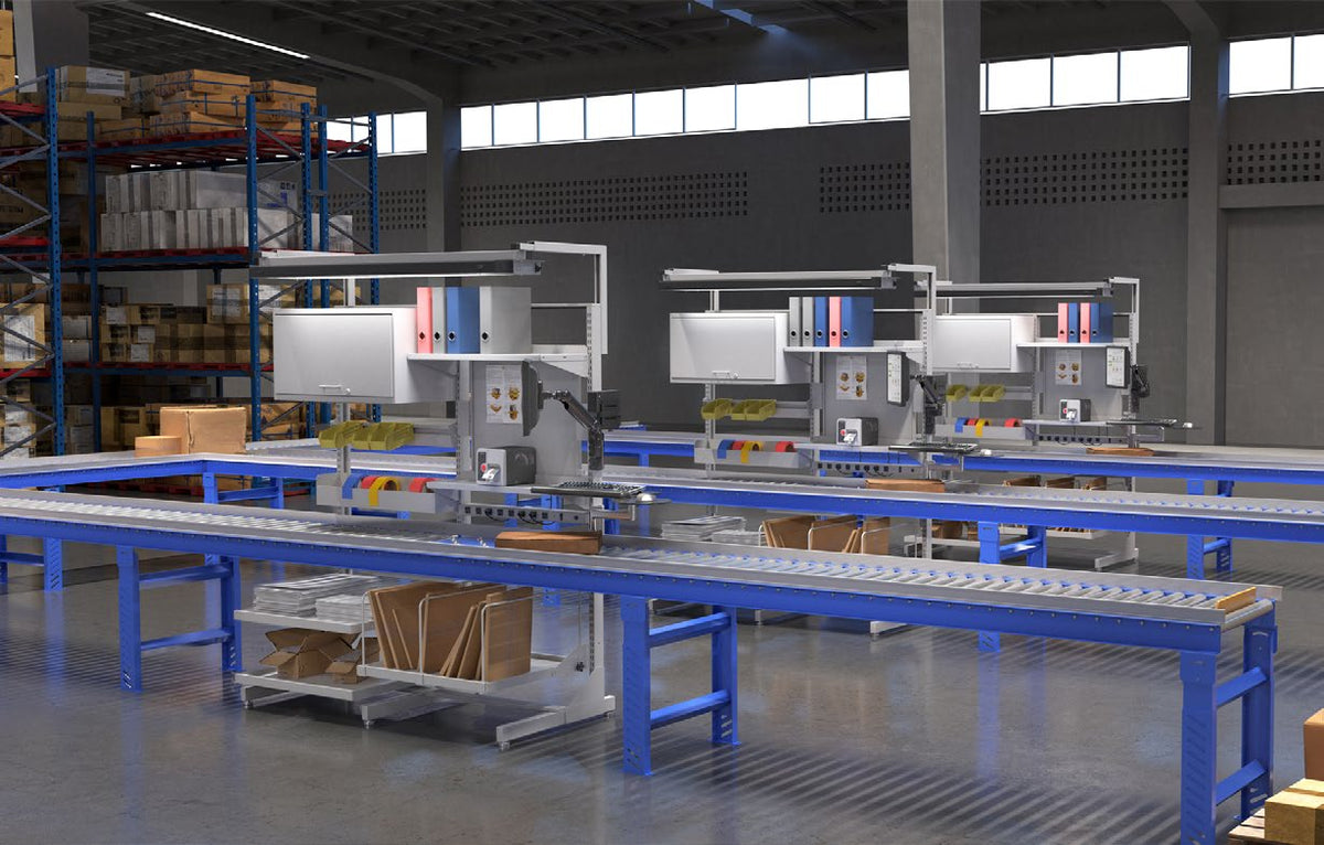 Multiple warehouse pack stations connected along a conveyor line