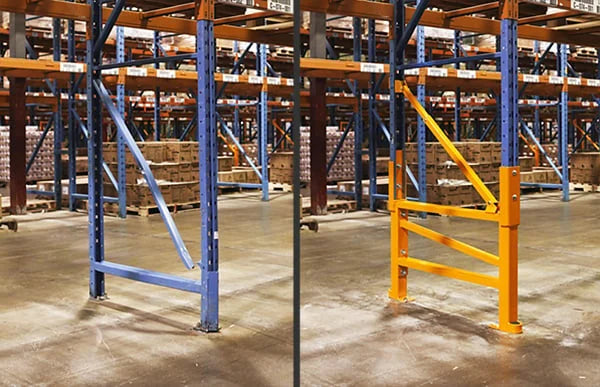 Vendor before-and-after example of an engineered lower upright repair