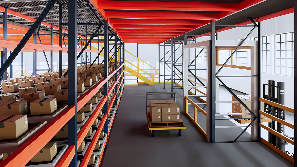 Vendor rendering of rack storage beneath an elevated picking floor