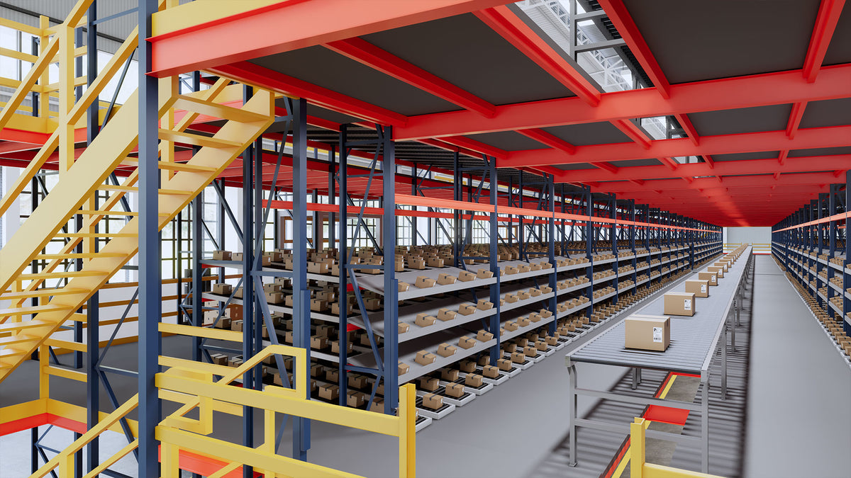 Vendor rendering showing rack-supported floor framing and picking aisles
