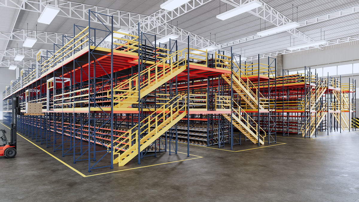 Vendor rendering of a multilevel rack-supported picking system with stairs
