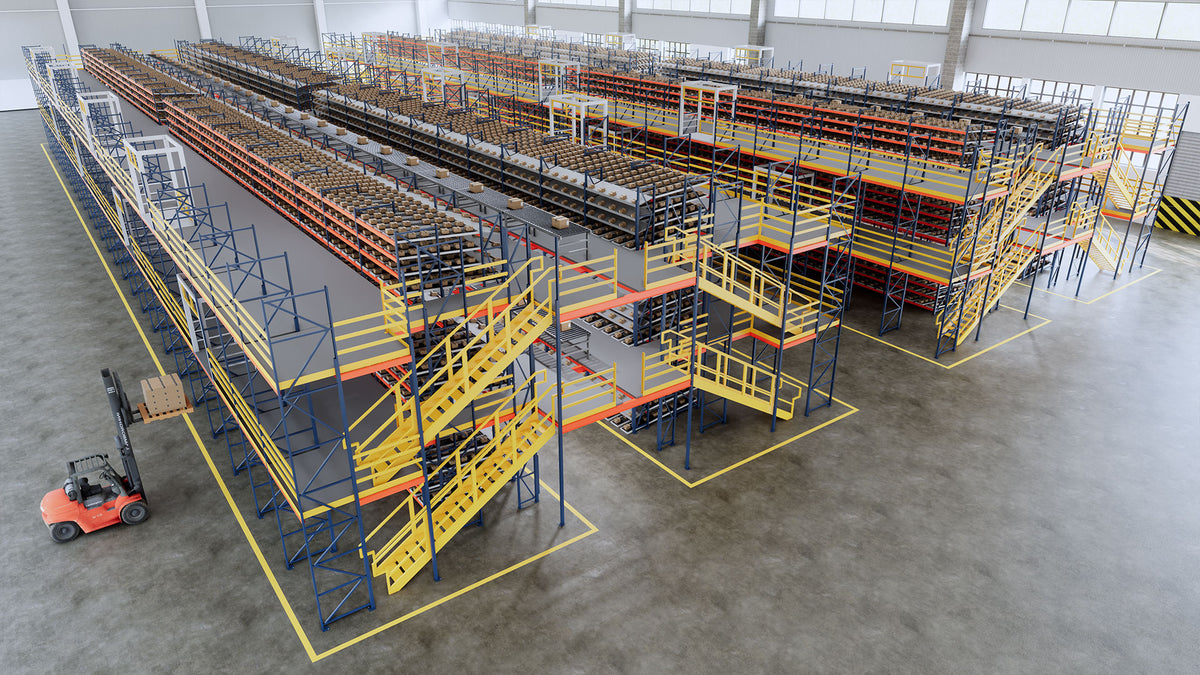 Vendor rendering giving an overhead view of rack-integrated picking levels