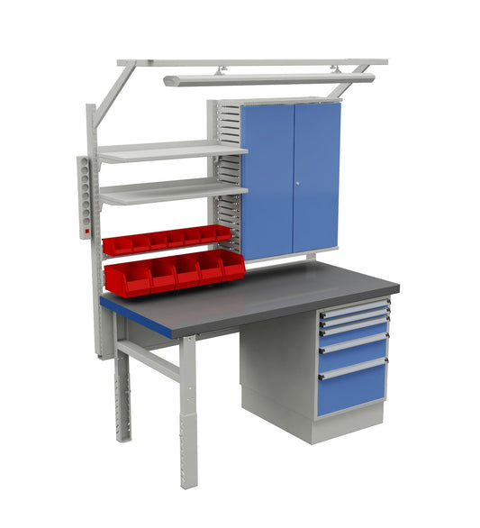 Steel-top mechanic workbench with tool cabinet, shelves and five-drawer unit